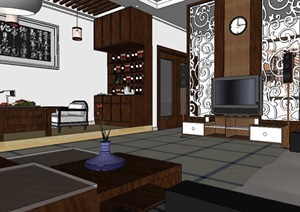 某室内住宅详细的室内客厅空间设计SU(草图大师)模型