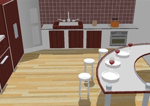 现代开放厨房餐厅设计SU(草图大师)模型