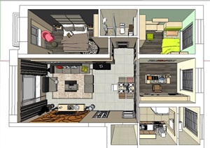 某户型室内住宅空间室内设计SU(草图大师)模型