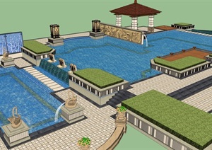 欧式风格详细泳池及凉亭设计SU(草图大师)模型