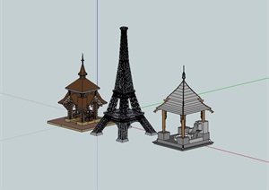 三个不同景观亭及铁塔设计SU(草图大师)模型