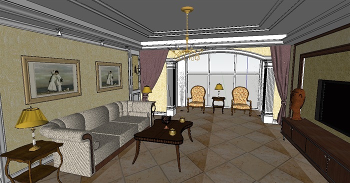 欧式经典的客厅空间设计su模型(2)