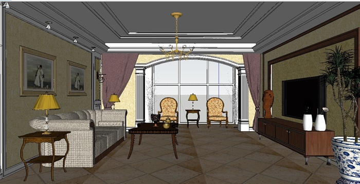 欧式经典的客厅空间设计su模型(3)