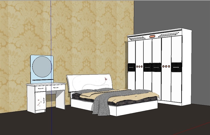 某室内详细住宅卧室床及衣柜设计su模型(1)