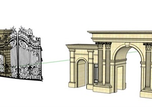欧式围墙、柱子、铁艺、花钵设计SU(草图大师)模型