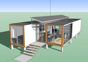 单层集装箱住宅建筑及室内SU(草图大师)模型