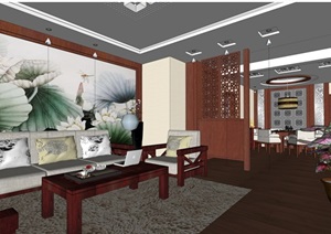 中式风格详细的客厅餐厅设计SU(草图大师)模型