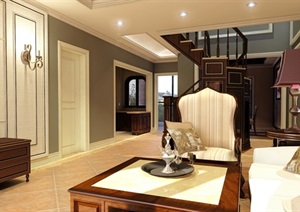 美式经典室内别墅空间设计SU(草图大师)模型含效果图