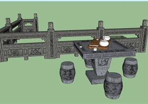 中式雕花栏杆坐凳组合设计SU(草图大师)模型