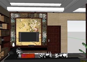 现代中式风格住宅客厅空间设计SU(草图大师)模型