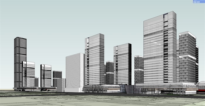 中央办公区商业区与居住区总体建筑su模型(1)