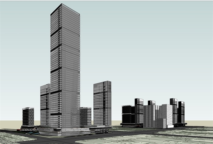 中央办公区商业区与居住区总体建筑su模型(2)