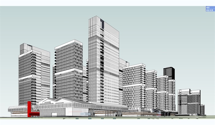 中央办公区商业区与居住区总体建筑su模型(4)