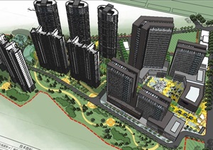 现代风格城市综合体建筑及景观精模SU(草图大师)模型