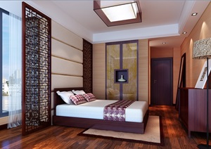 现代中式室内卧室空间设计3d模型