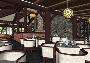 现代中式风格餐厅茶室室内装修设计SU(草图大师)模型