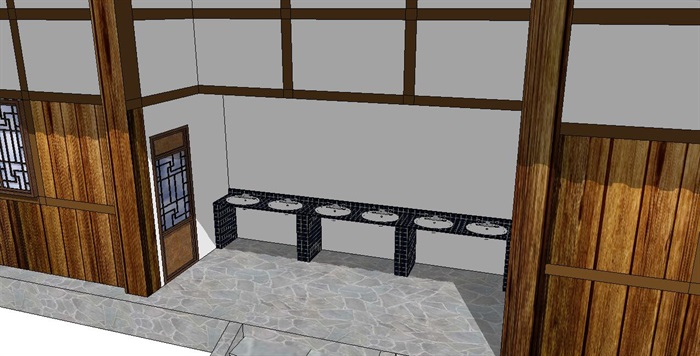 中式木质风格公共厕所SU模型