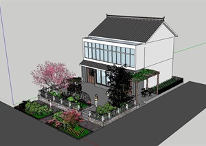 中式临街住宅建筑和庭院景观设计SU(草图大师)模型