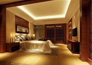 现代中式家装卧室室内设计3dmax模型