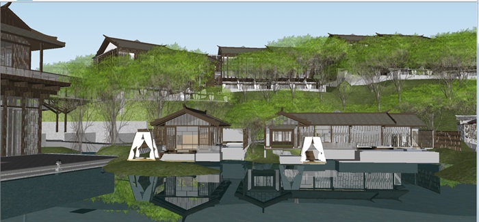 新中式山地临水度假酒店建筑设计方案SU模型(2)