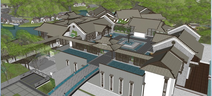 新中式山地临水度假酒店建筑设计方案SU模型(3)