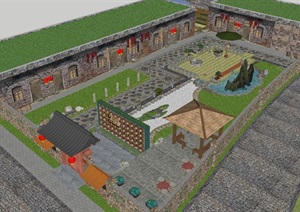 新农村窑洞风格农家乐餐馆ＳＵ模型