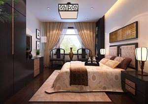 中式室内卧室空间设计3d模型