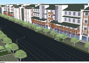 一个县城新中式商业街建筑立面改造方案SU(草图大师)模型
