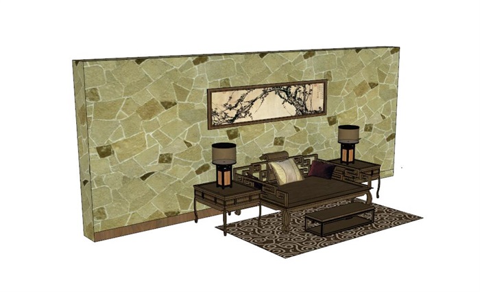 中式风格客厅茶座罗汉床su模型