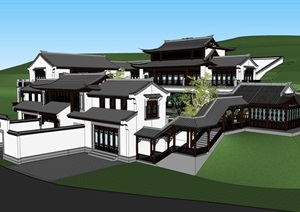 精品中式庭院式会所建筑设计SU(草图大师)模型