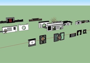 中式景观墙、影壁墙设计SU(草图大师)模型