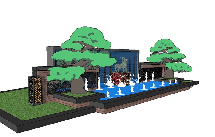 现代中式风格雕塑水景墙SU模型(1)