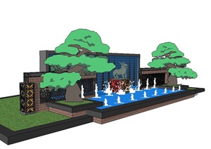 现代中式风格雕塑水景墙SU(草图大师)模型