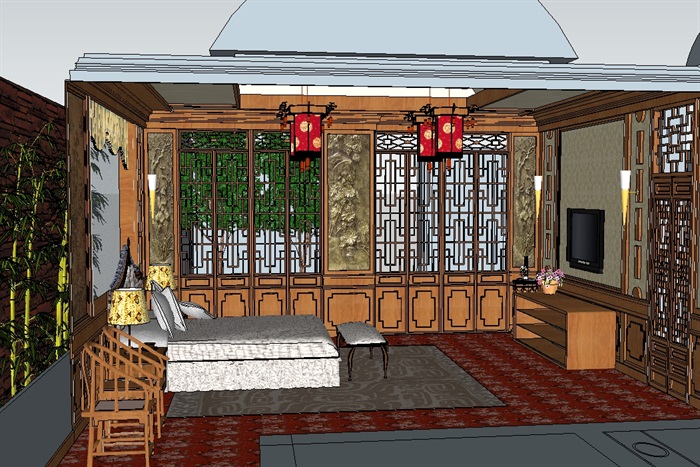 某古典中式风格旅馆客房设计su模型(2)