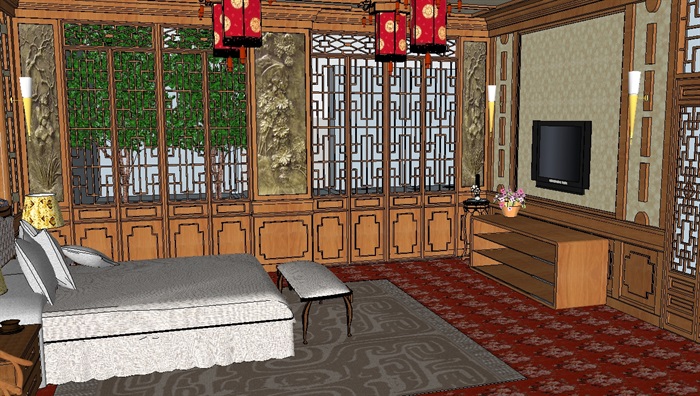 某古典中式风格旅馆客房设计su模型(3)