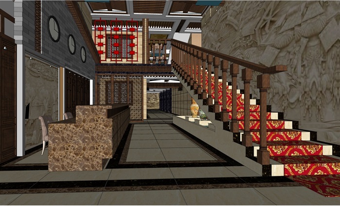 古典中式风格旅馆空间设计su模型(2)
