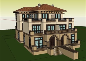 西班牙风格双拼别墅设计SU(草图大师)模型