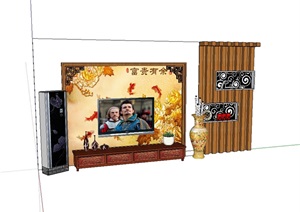 中式详细的电视背景墙SU(草图大师)模型