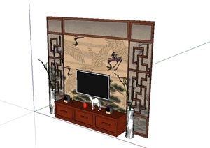 现代中式详细的电视背景墙SU(草图大师)模型