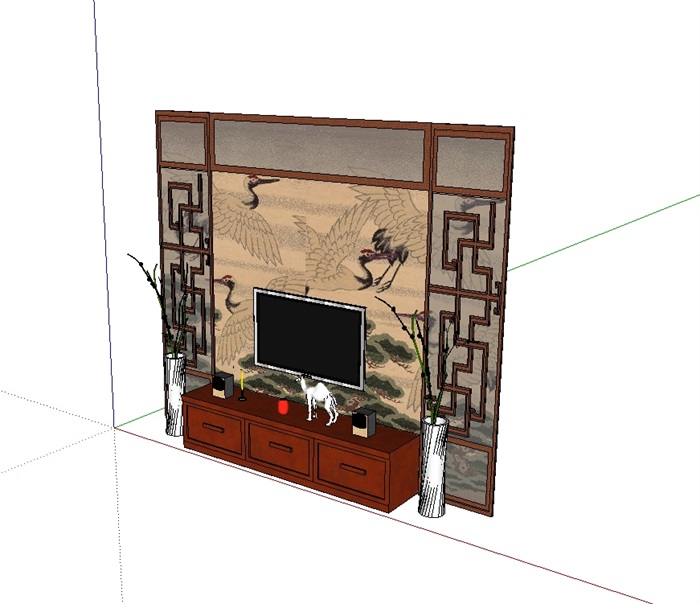 现代中式详细的电视背景墙su模型(1)