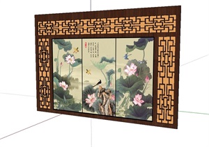 中式详细的室内背景墙设计SU(草图大师)模型