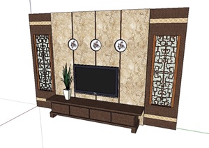 中式经典的室内电视背景设计SU(草图大师)模型