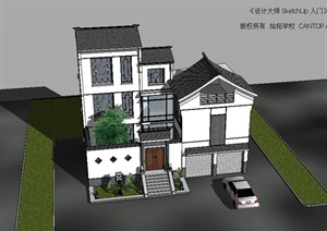 现代中式风格独栋详细自建别墅设计SU(草图大师)模型