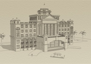 欧式无材质贴图多层酒店建筑设计SU(草图大师)模型