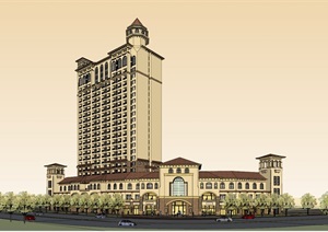 精细托斯卡纳风格酒店商业综合建筑SU(草图大师)模型