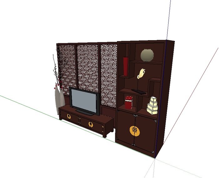 现代中式电视背景柜设计su模型(1)
