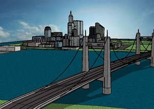现代滨水城市建筑及桥梁设计SU(草图大师)模型