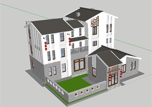 现代中式多层私人住宅别墅设计SU(草图大师)模型