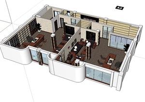 中式详细的办公空间设计SU(草图大师)模型