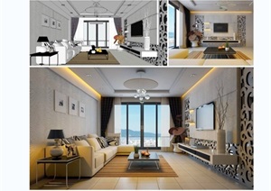现代室内客厅空间设计SU(草图大师)模型